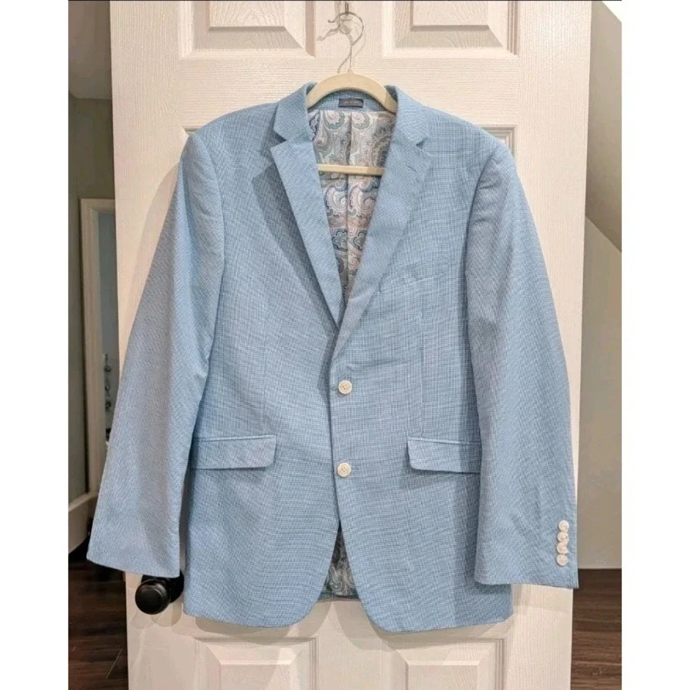 Madison Mens Modern Fit Blue Gingham Suit Jacket 38R Preppy Cotton Summer Lined